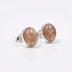 Oval Sunstone Stud Earrings 925 Sterling Silver - Natural Shimmering Peach Cabochons