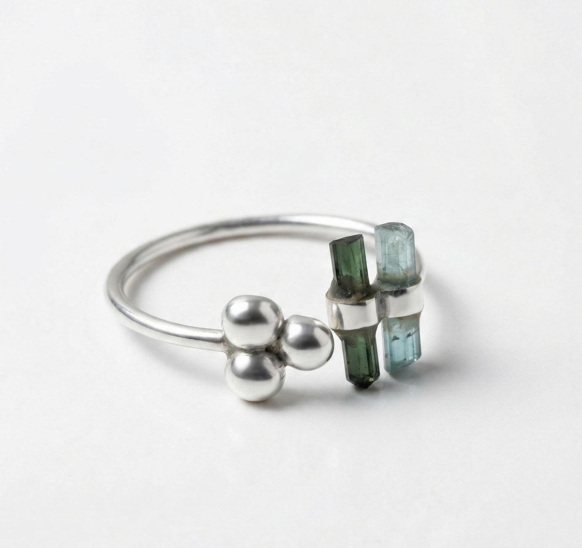 Raw Green Tourmaline Bar Sterling Silver Ring | Handmade Gemstone Stacking Ring | Minimalist Modern Jewelry
