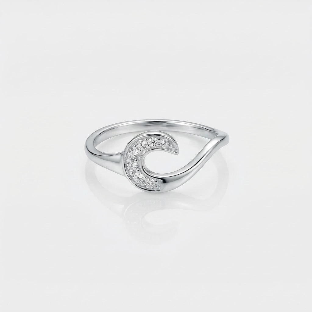 Sterling Silver Crescent Moon Ring • Sparkling CZ Celestial Wave Jewelry
