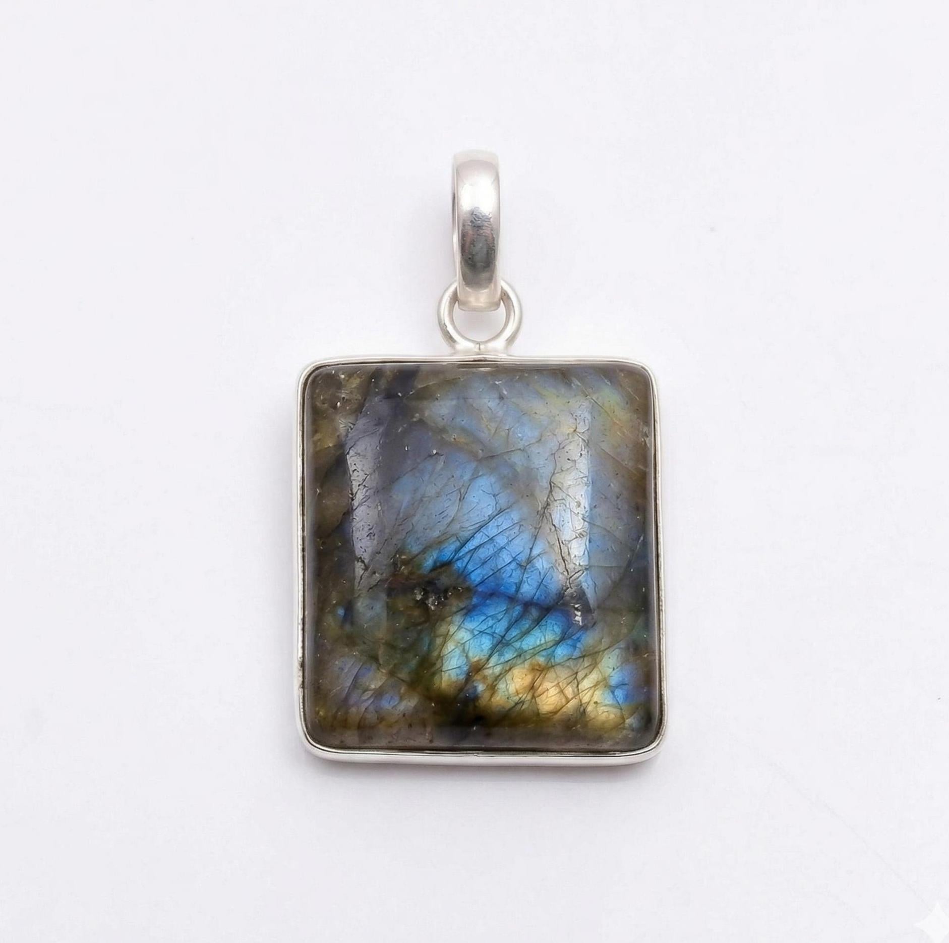 Labradorite Square Pendant: Sterling Silver Celestial Necklace