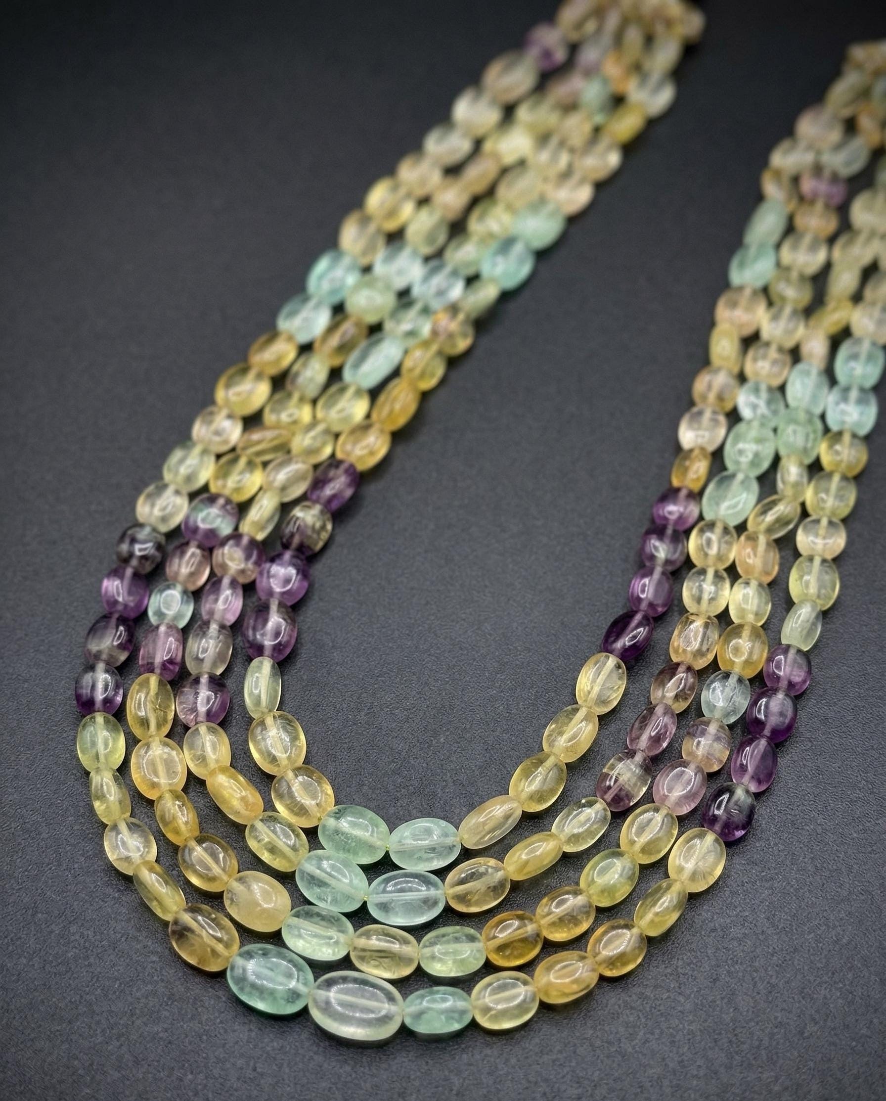 Multi-Color Oval Fluorite Gemstone Necklace, 4-Strand Beaded Jewelry
