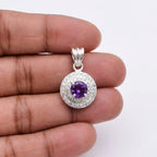 Sterling Silver Amethyst CZ Halo Pendant – February Birthstone Healing Jewelry