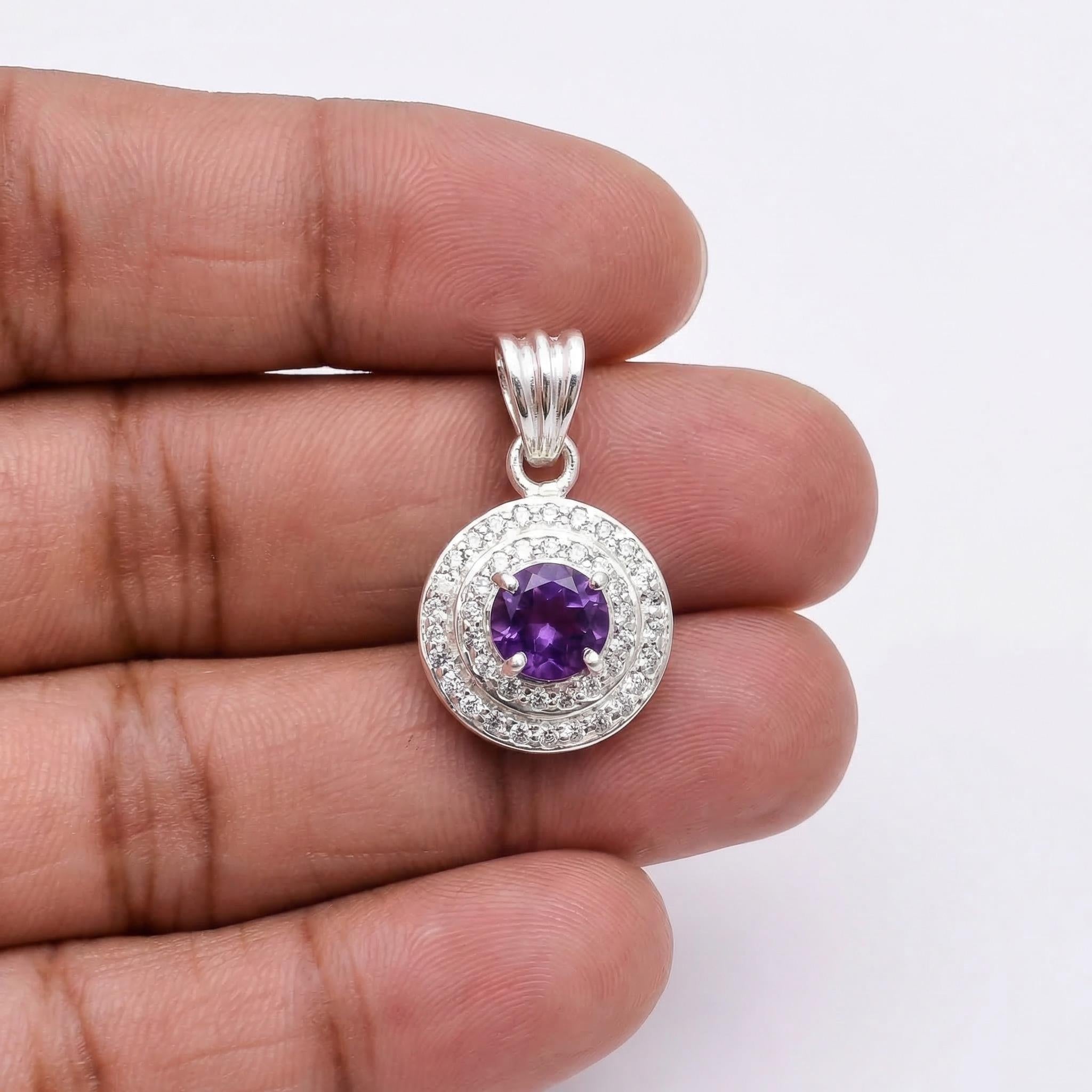 Sterling Silver Amethyst CZ Halo Pendant – February Birthstone Healing Jewelry