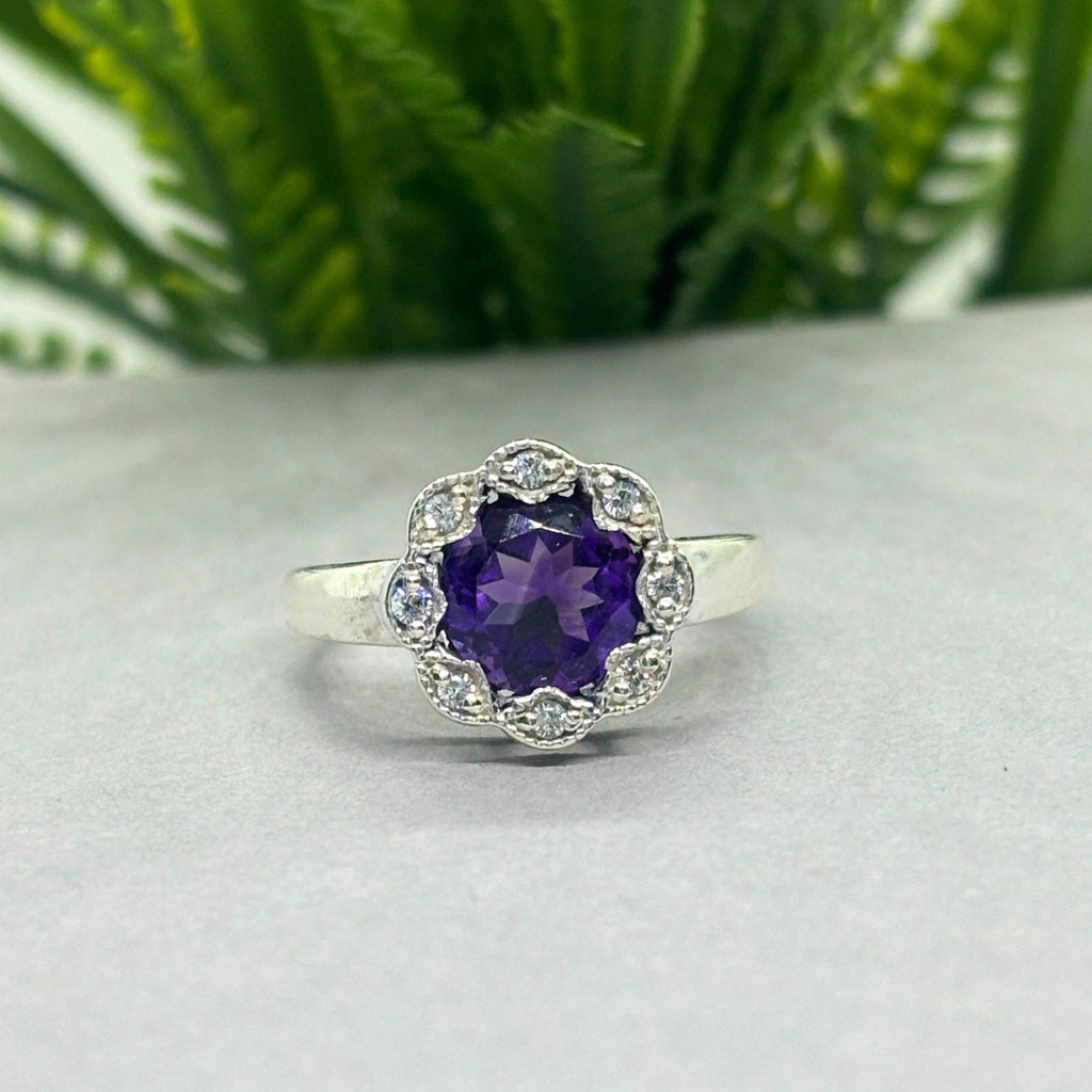 Natural Amethyst Round Ring | 925 Sterling Silver | February Birthstone | Floral Gemstone Band | Handmade in Jaipur