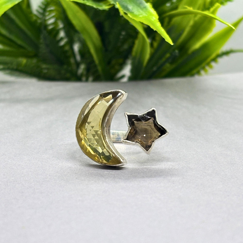 Citrine Moon & Smoky Topaz Star Ring: Sterling Silver Celestial Jewelry