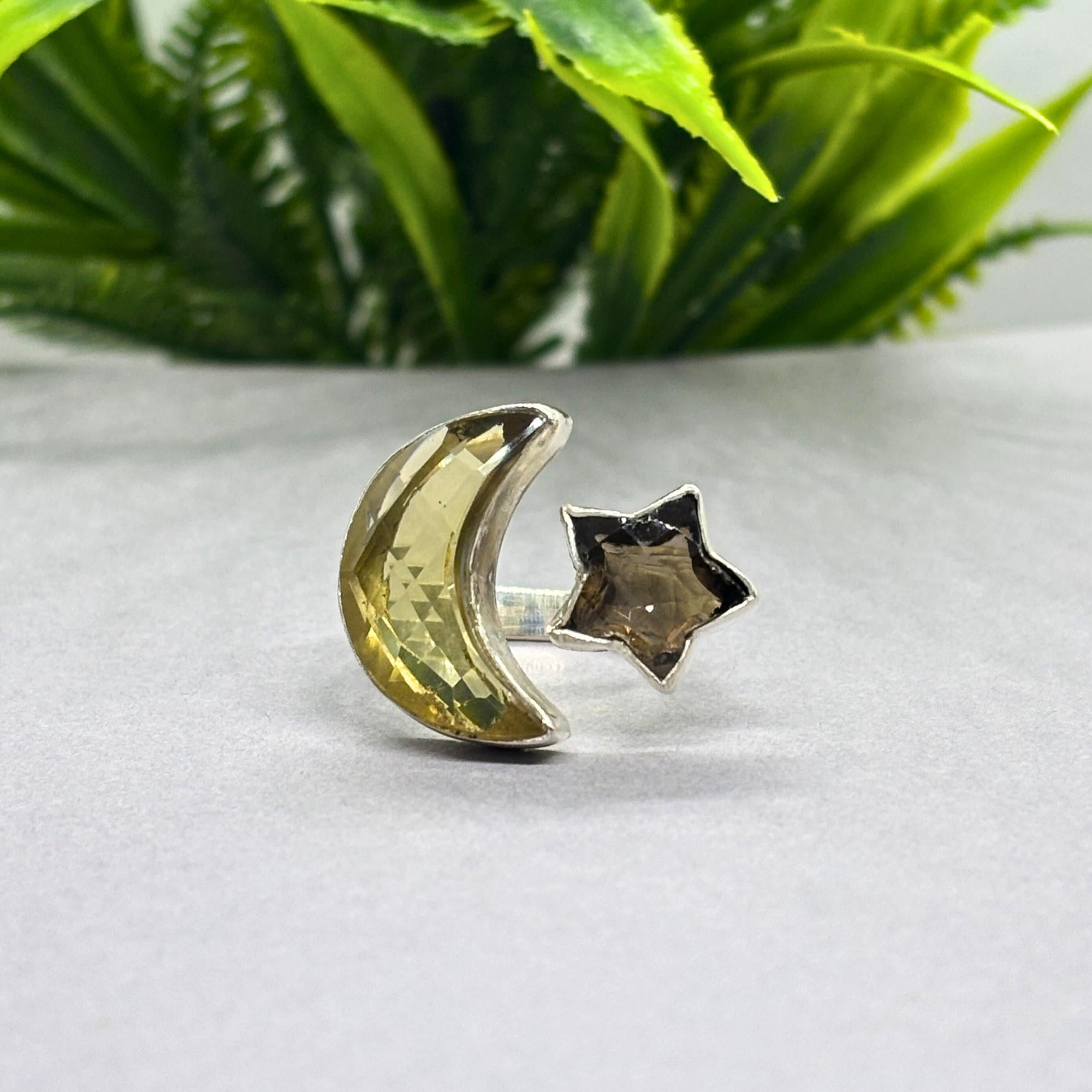 Citrine Moon & Smoky Topaz Star Ring: Sterling Silver Celestial Jewelry
