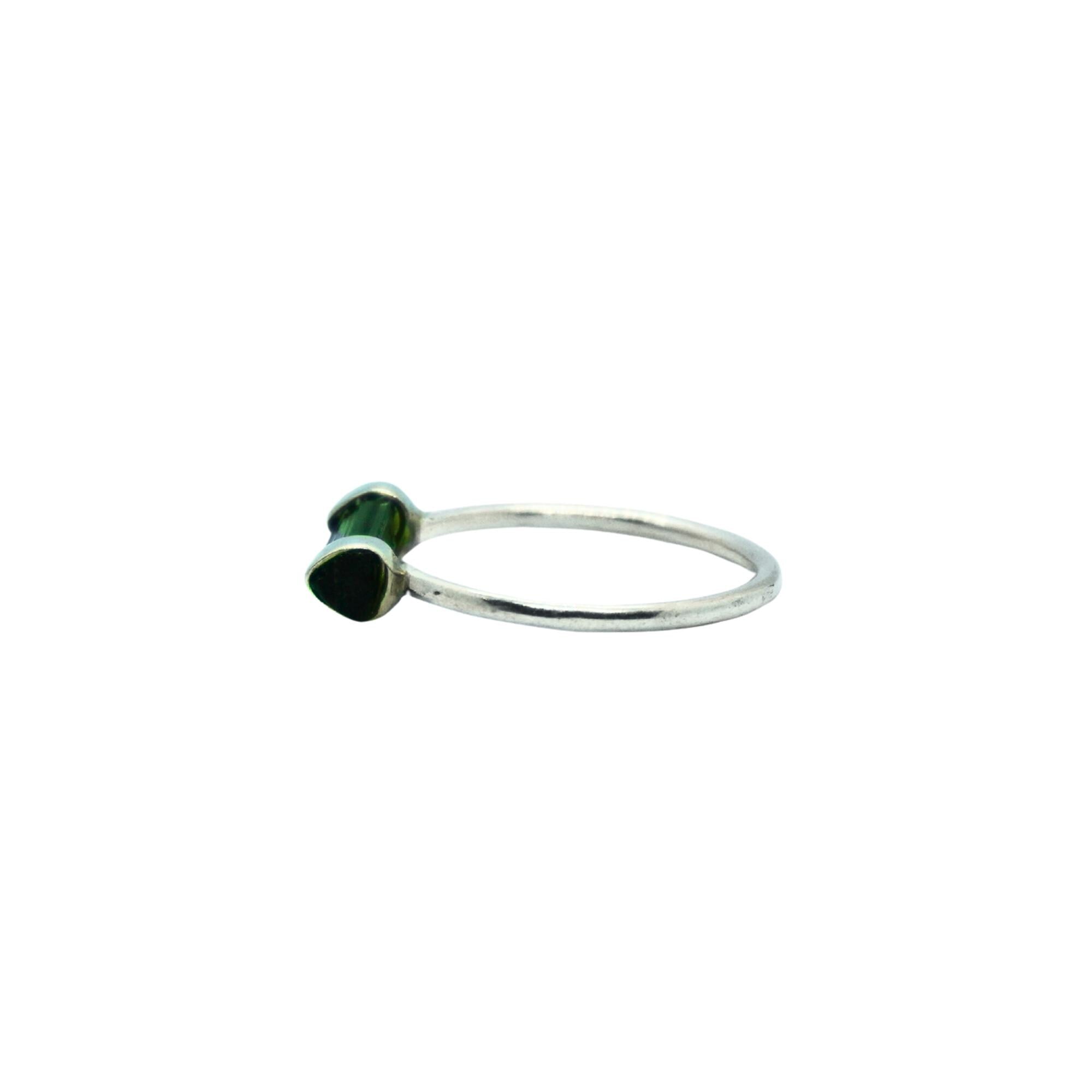 Raw Green Tourmaline Bar Ring: Handcrafted Sterling Silver Minimalist Ring