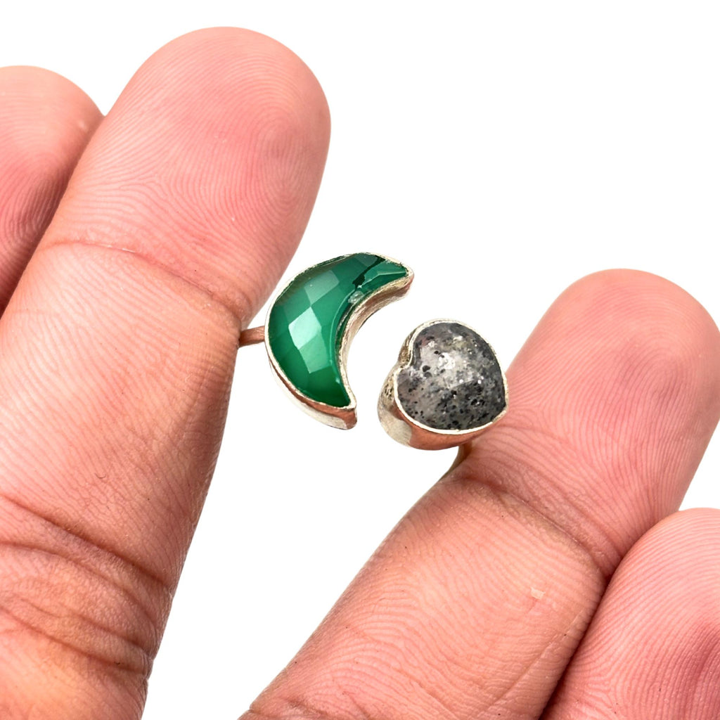 Sterling Silver Green Onyx Moon & Heart Ring: Adjustable Gemstone Band