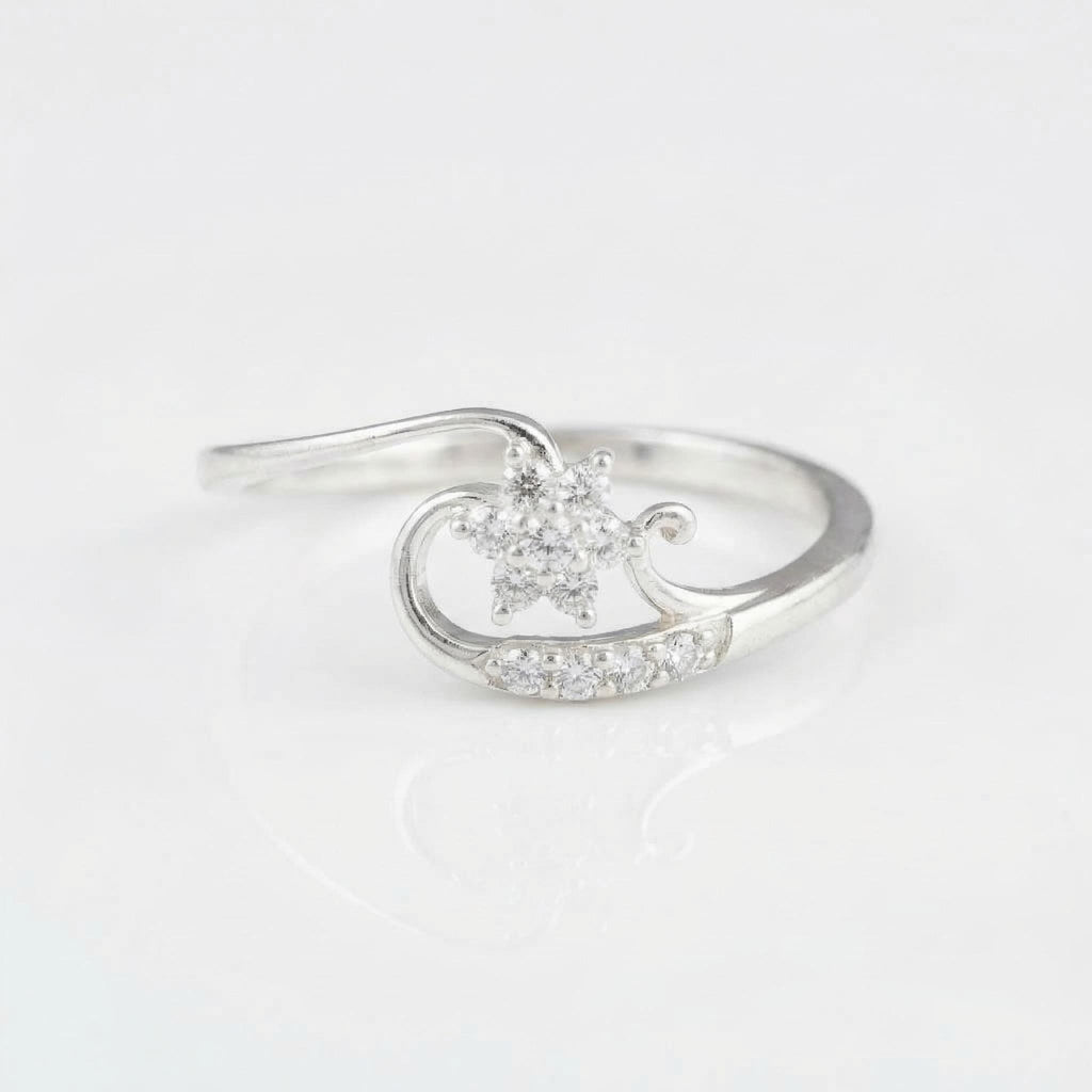 Sterling Silver Floral Swirl Ring with CZ Accents – Boho Promise Band