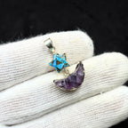 Turquoise Star & Rainbow Fluorite Moon Pendant: Handmade Silver Celestial Necklace