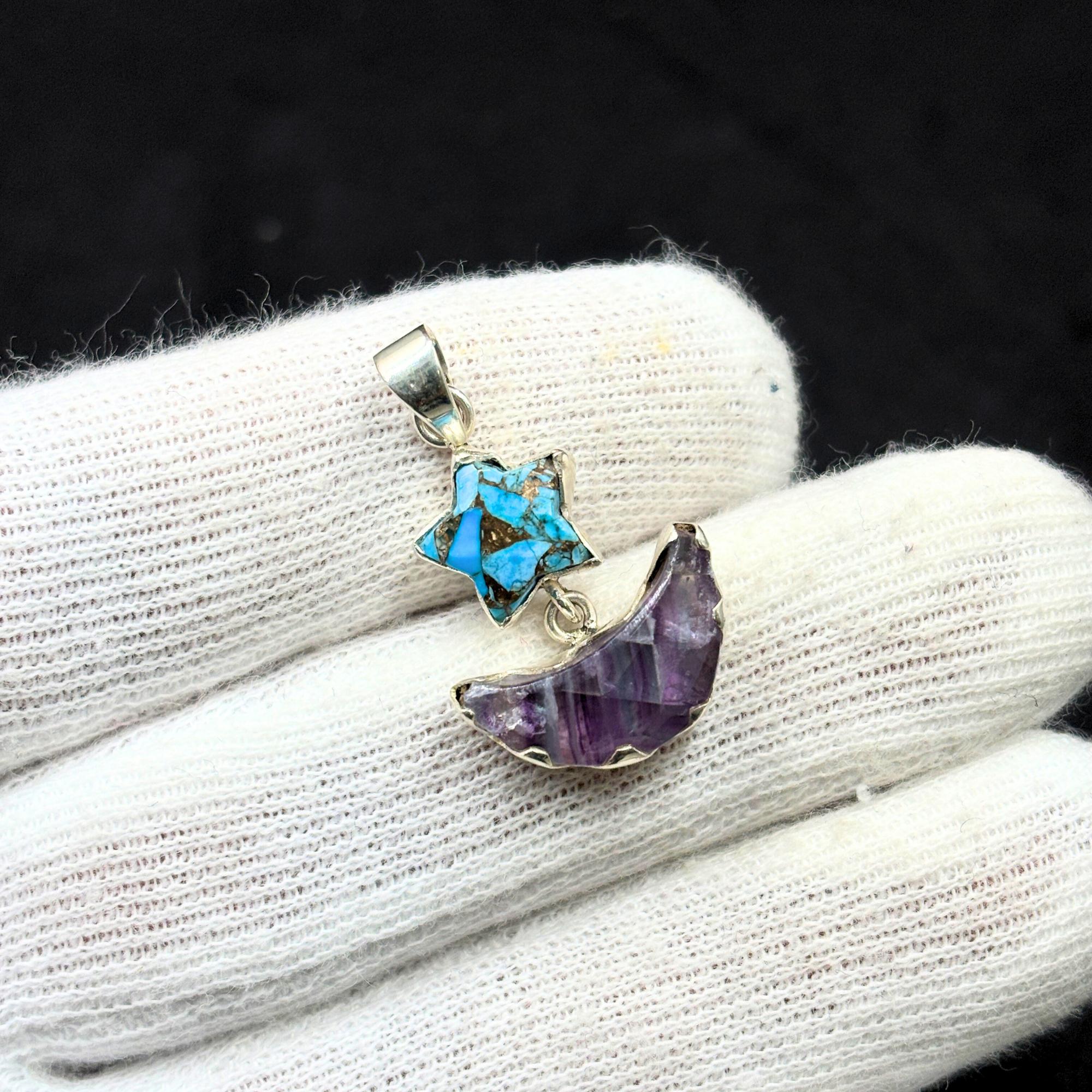 Turquoise Star & Rainbow Fluorite Moon Pendant: Handmade Silver Celestial Necklace