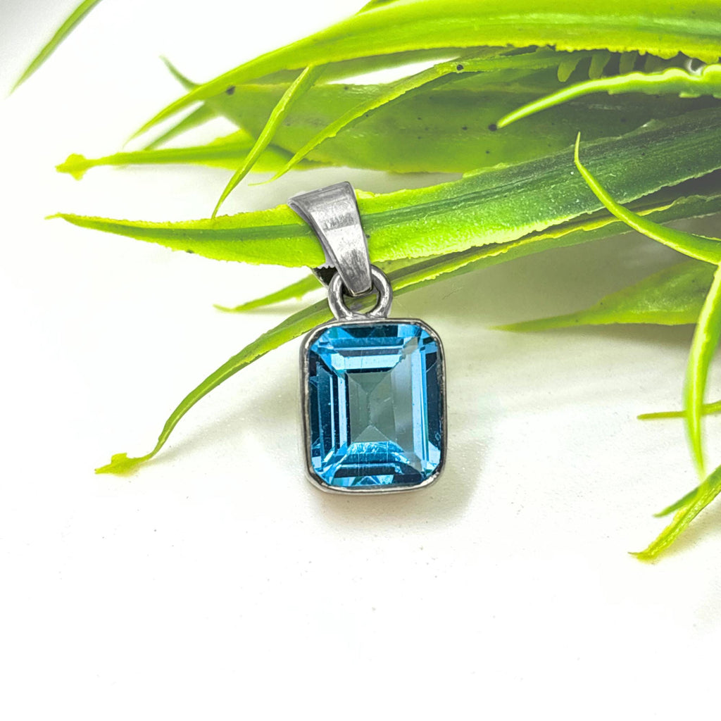 Blue Topaz Emerald Cut Pendant in 925 Sterling Silver –Minimalist Sky Blue December Birthstone Necklace,Dainty Gemstone Jewelry Gift for Her