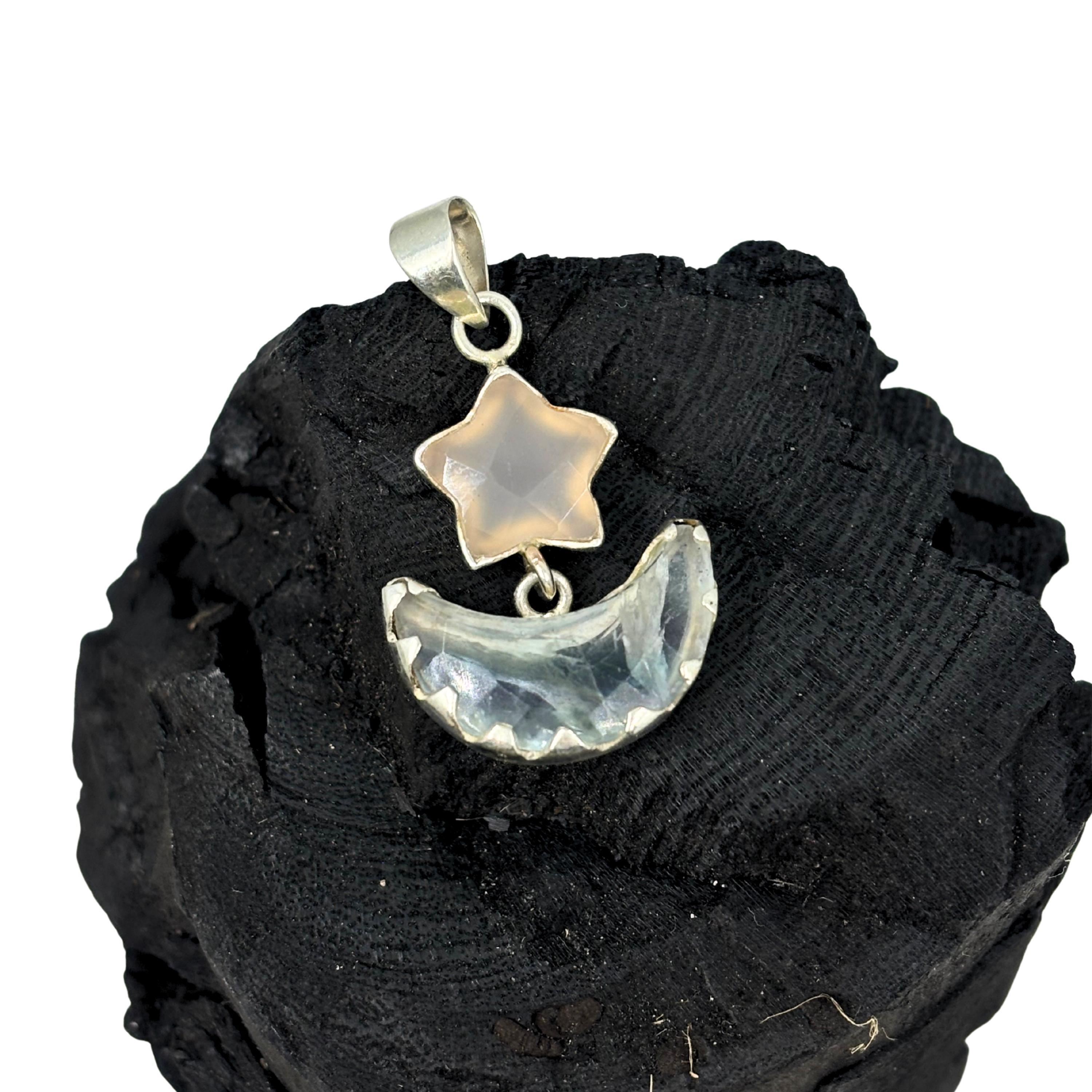Rose Quartz Star and Fluorite Moon Pendant in 925 Sterling Silver – Celestial Gemstone Necklace, Boho Moon and Star Jewelry Gift for Her