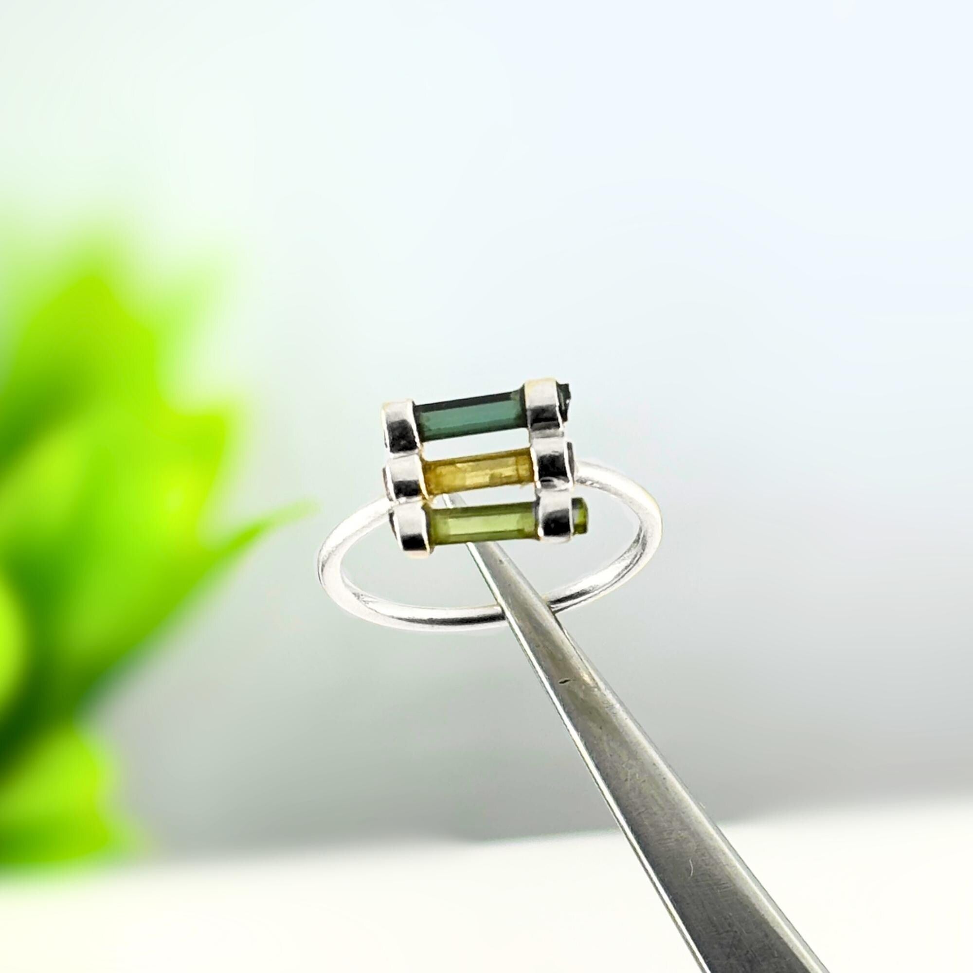 Raw Green Tourmaline Sterling Silver Ring: Handmade Open Band Jewelry