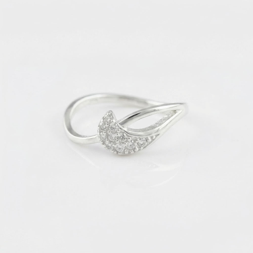 Sterling Silver CZ Wave Ring, Pavé Crescent Dainty Band, Stackable Jewelry