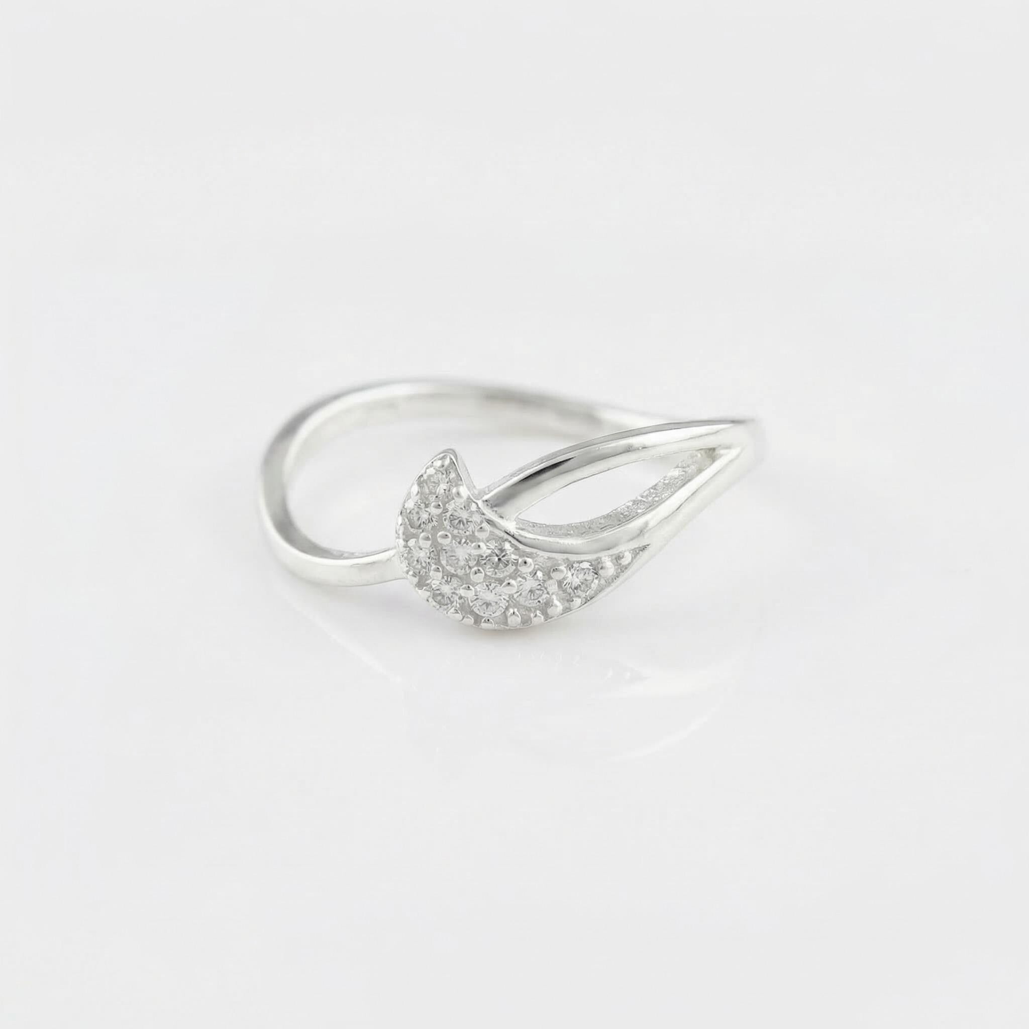 Sterling Silver CZ Wave Ring, Pavé Crescent Dainty Band, Stackable Jewelry