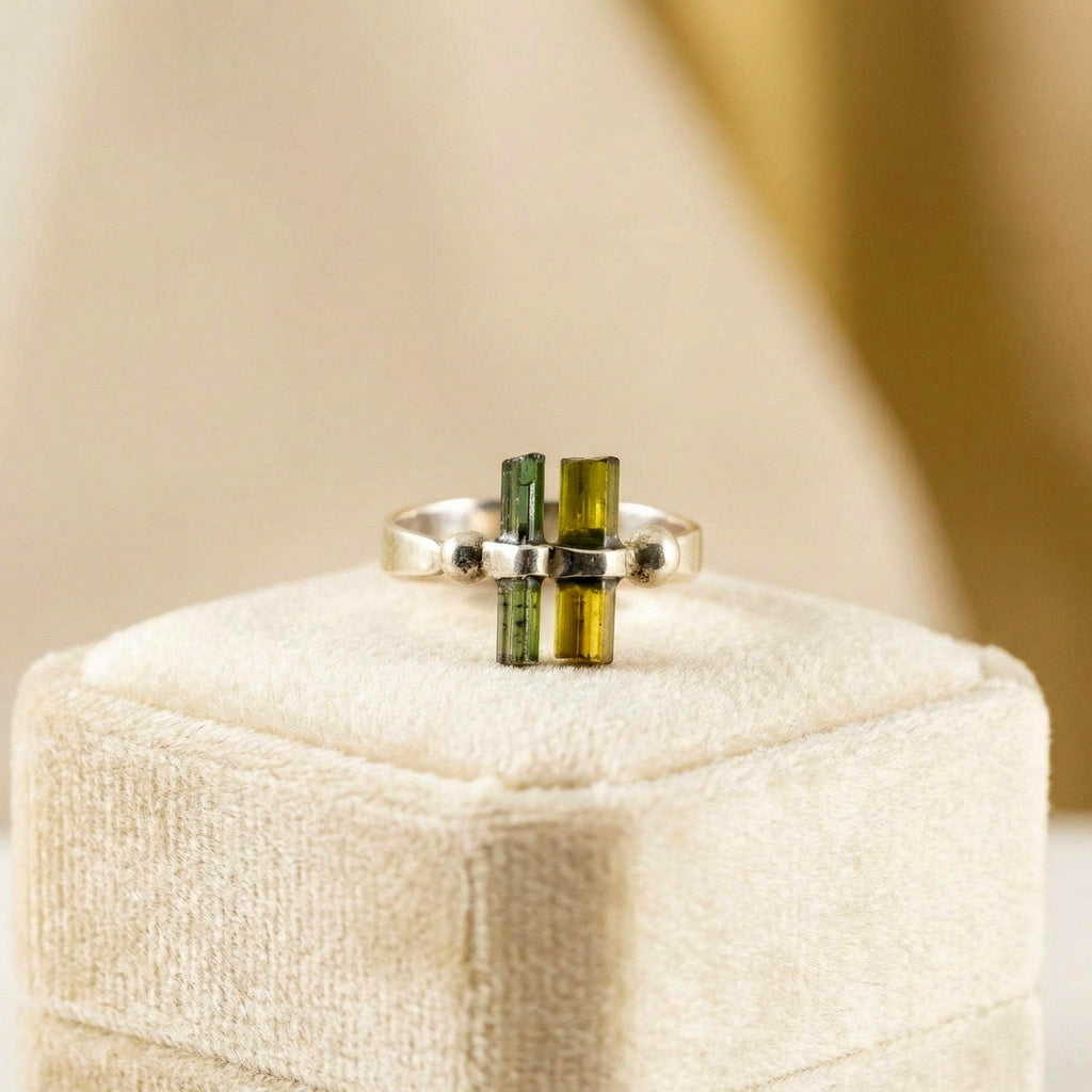 Raw Green Tourmaline Bar Sterling Silver Ring | Handmade Gemstone Stacking Ring | Minimalist Modern Jewelry