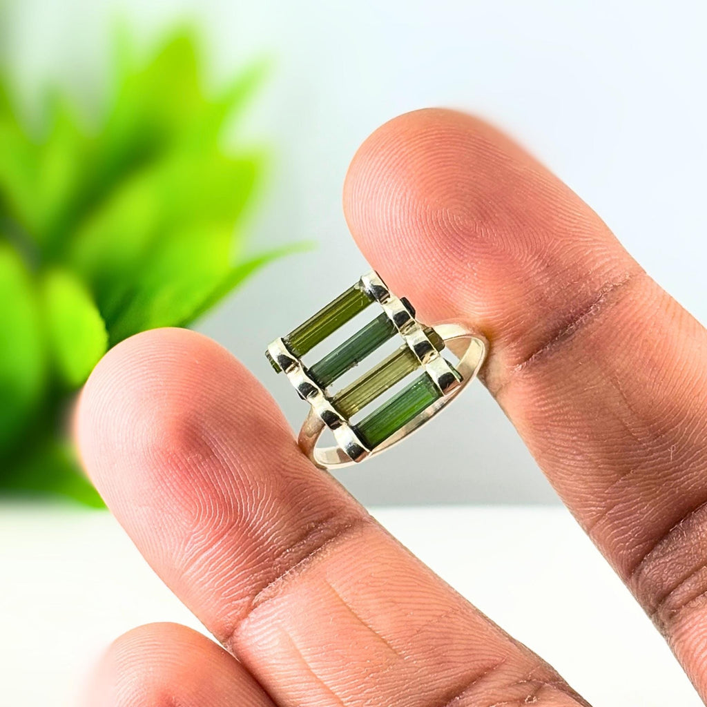 Raw Green Tourmaline Bar Ring: Sterling Silver October Birthstone