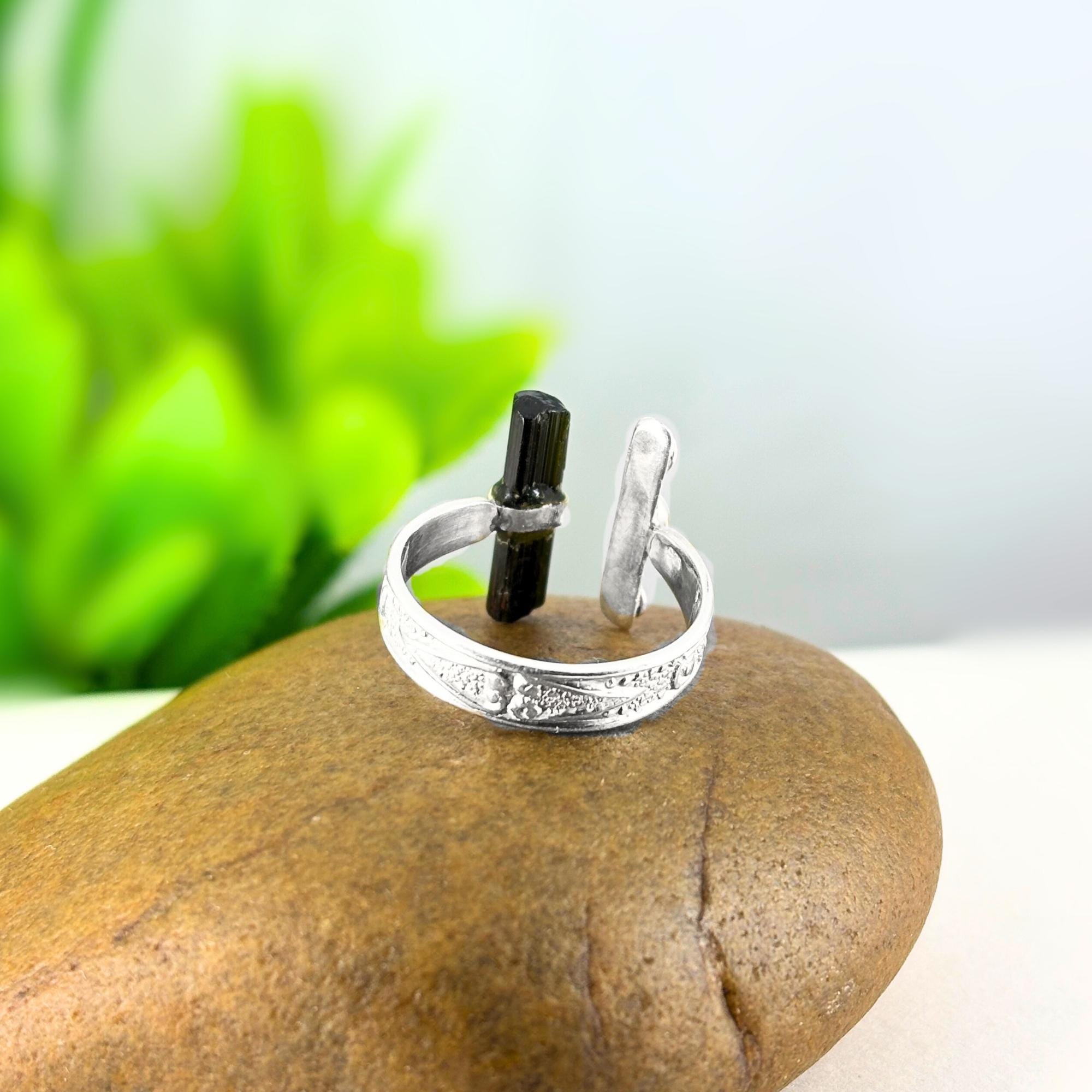 Raw Green Tourmaline Bar Ring: Adjustable Sterling Silver Boho Jewelry