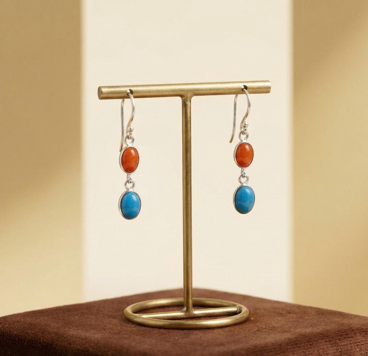 Red Coral Turquoise Oval Drop Earrings | 925 Sterling Silver Dangle Gemstone Jewelry