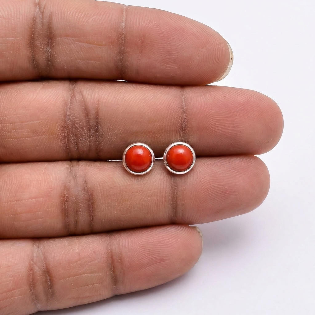 Red Coral Stud Earrings 925 Sterling Silver | Round Gemstone Studs | January Birthstone | Minimalist Jewelry