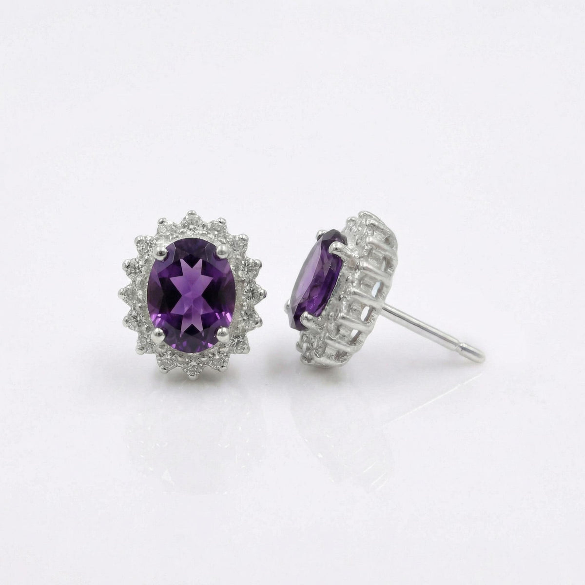 Amethyst CZ Stud Earrings 925 Sterling Silver | Oval Gemstone Studs | February Birthstone | Handmade Jewelry