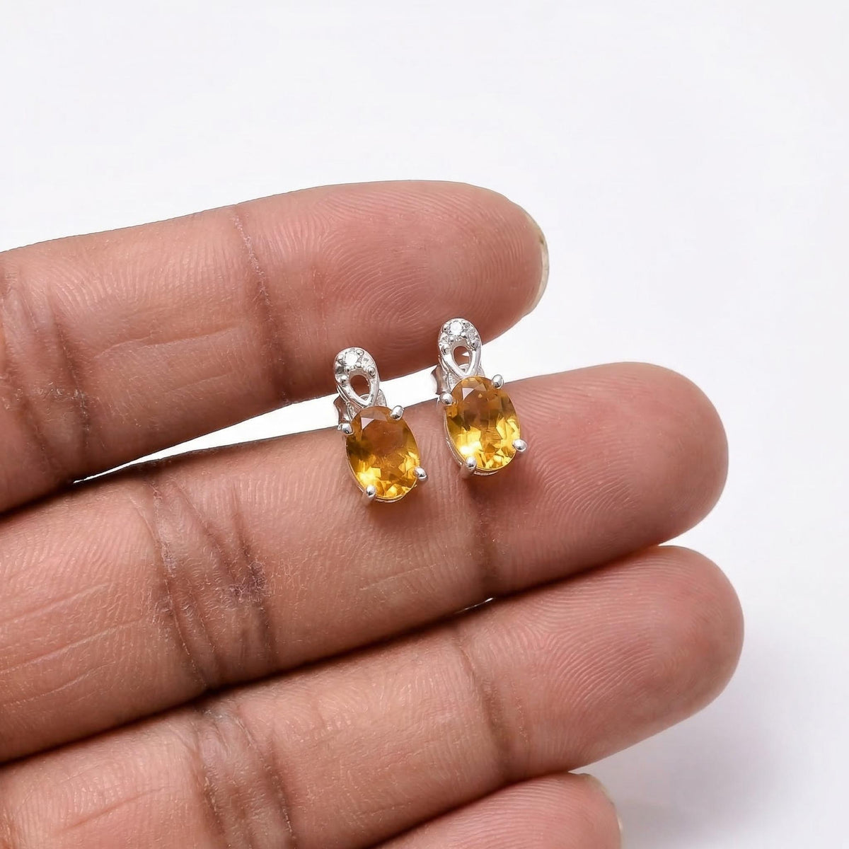 Citrine CZ Stud Earrings 925 Sterling Silver | Oval Gemstone Studs | November Birthstone | Minimalist Jewelry