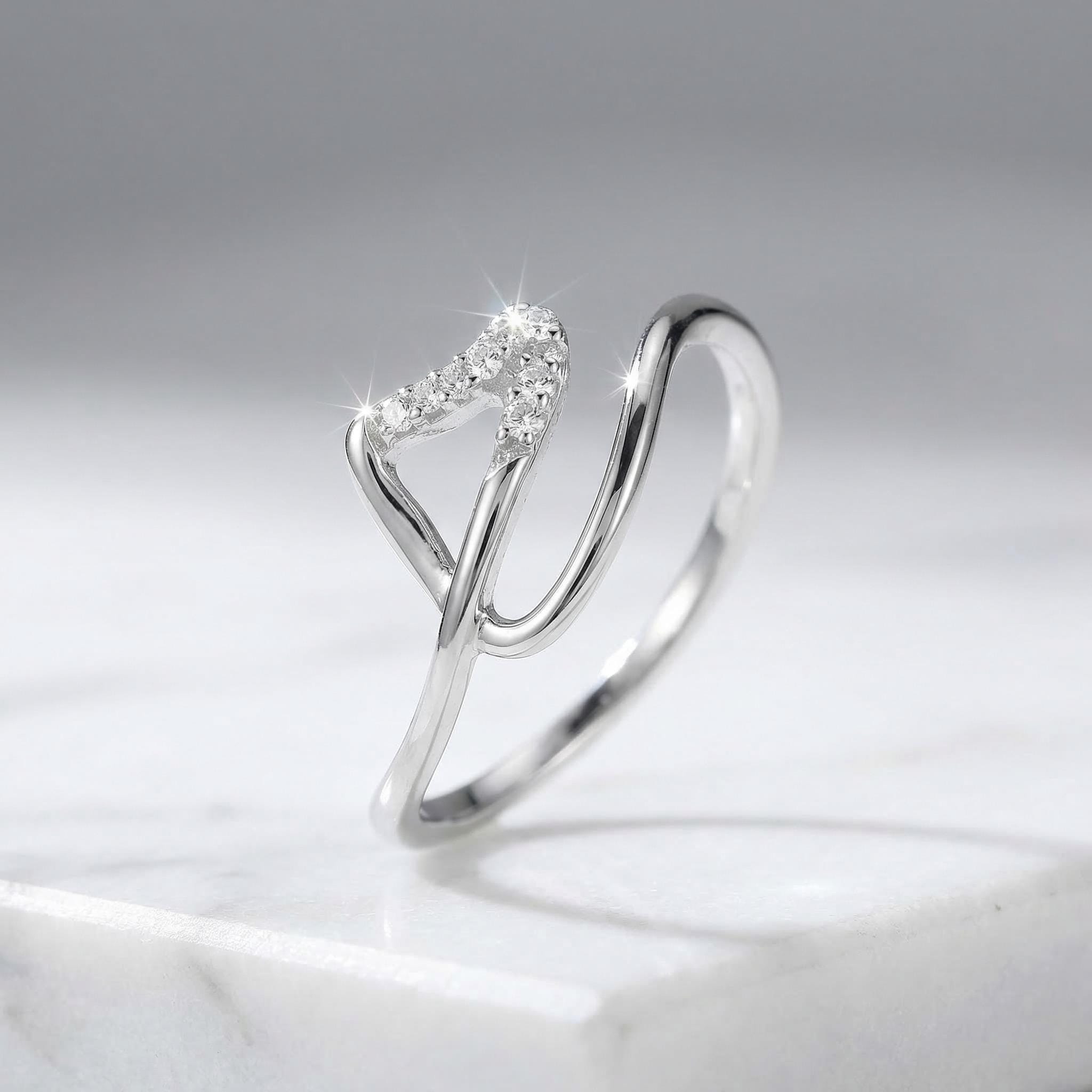Sterling Silver CZ Leaf Ring, Nature Inspired Stacking Band, Adjustable Promise Jewelry