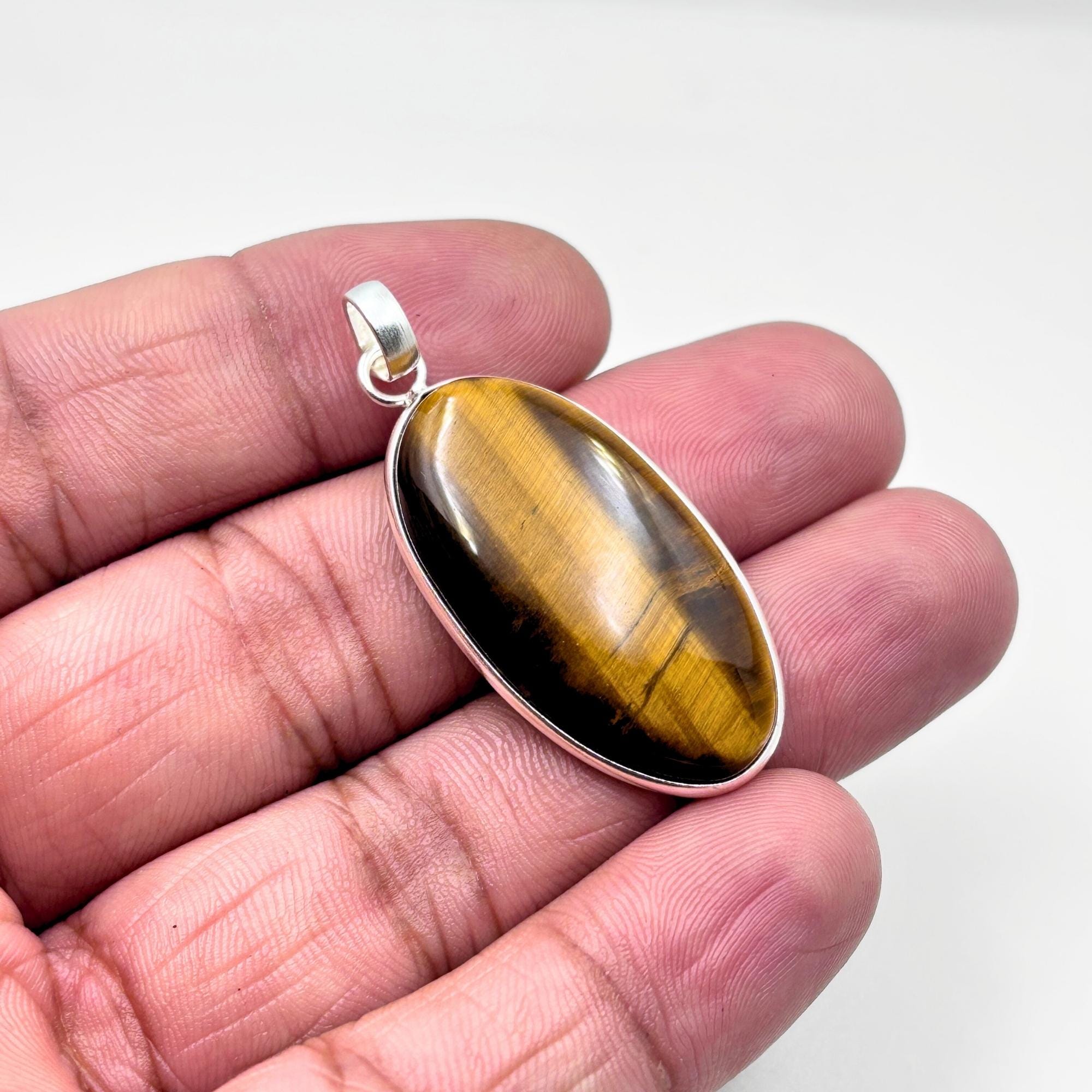 Tiger Eye Pendant Necklace, Oval Sterling Silver Gemstone Necklace, Handmade Protection Jewelry, Crystal Gift for Her