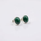 Oval Malachite Stud Earrings 925 Sterling Silver - Natural Green Cabochon Minimalist