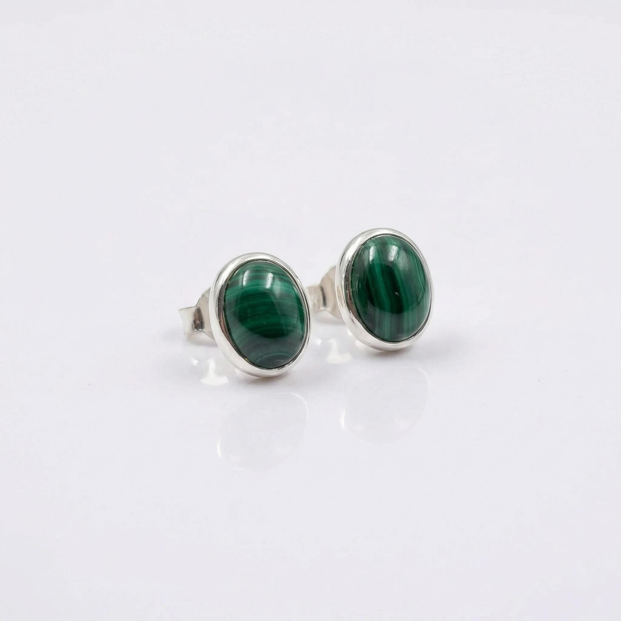 Oval Malachite Stud Earrings 925 Sterling Silver - Natural Green Cabochon Minimalist