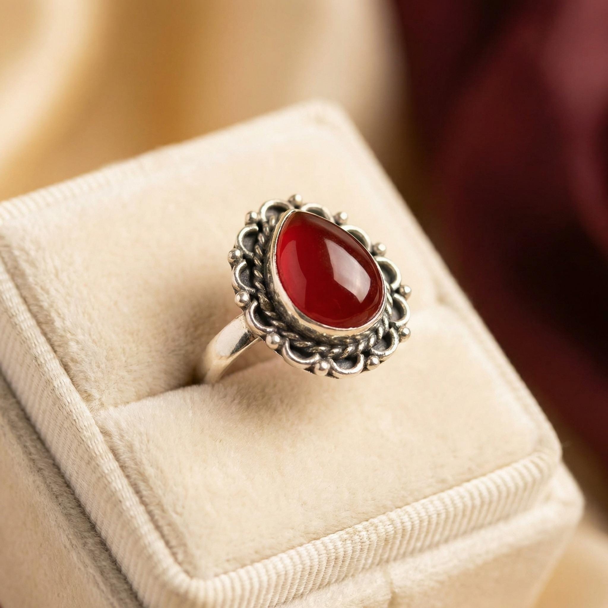 Oxidized Sterling Silver Red Onyx Ring: Handmade Boho Gemstone
