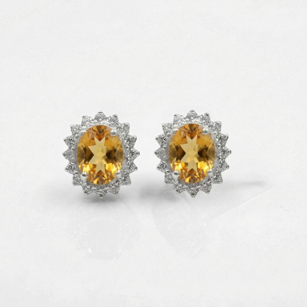 Citrine CZ Stud Earrings 925 Sterling Silver | Oval Gemstone Studs | February Birthstone | Handmade Jewelry