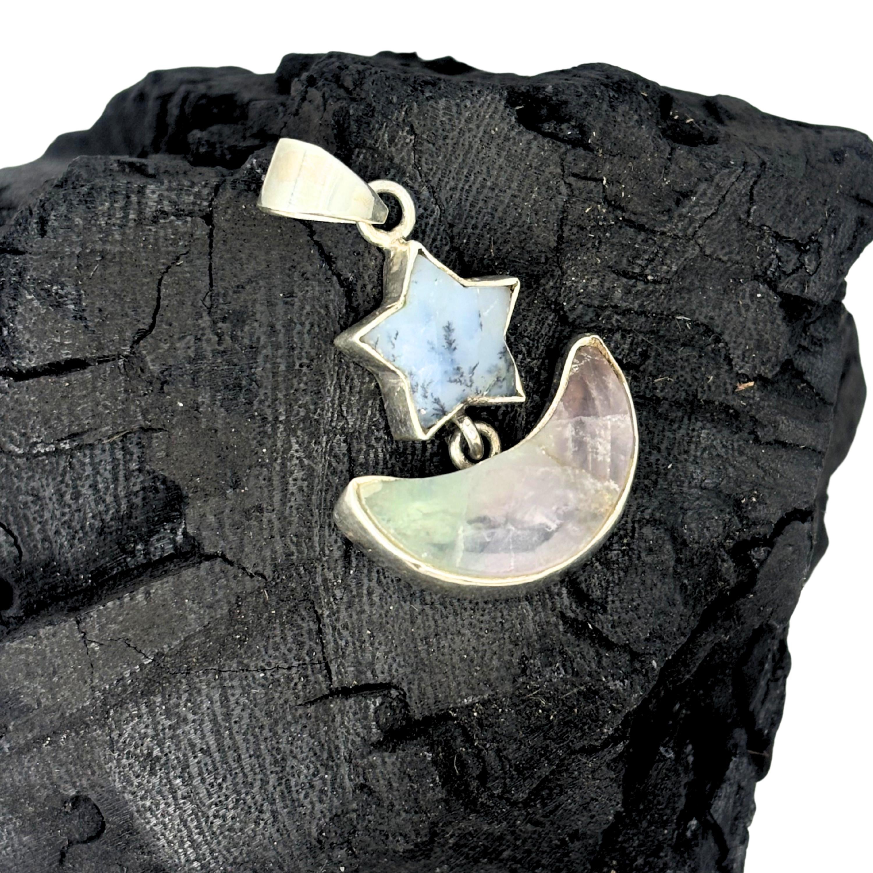 Dendritic Agate Star and Rainbow Fluorite Moon Pendant in 925 Sterling Silver – Celestial Gemstone Necklace, Boho Jewelry Gift for Her