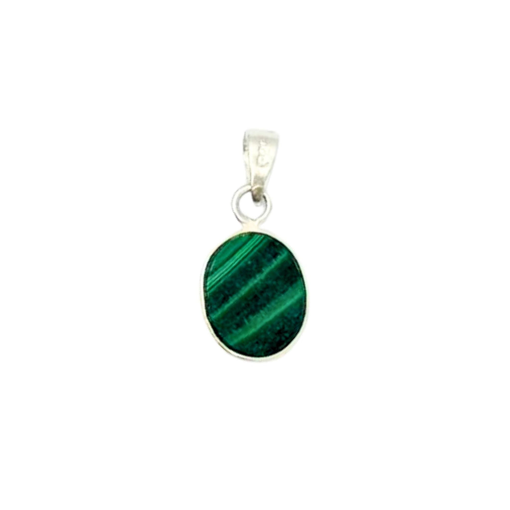 Malachite Pendant Necklace - Oval Green Gemstone, Sterling Silver Charm