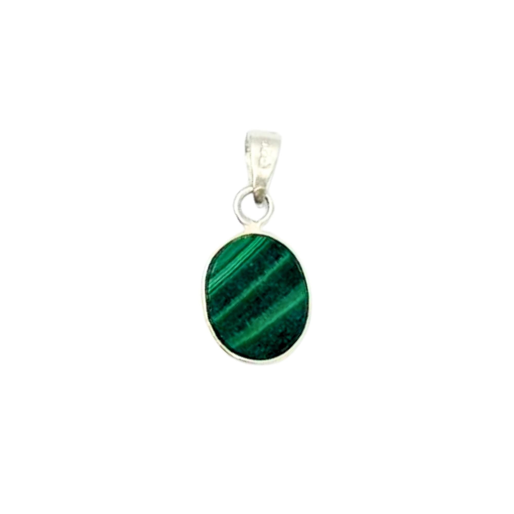Malachite Pendant Necklace - Oval Green Gemstone, Sterling Silver Charm