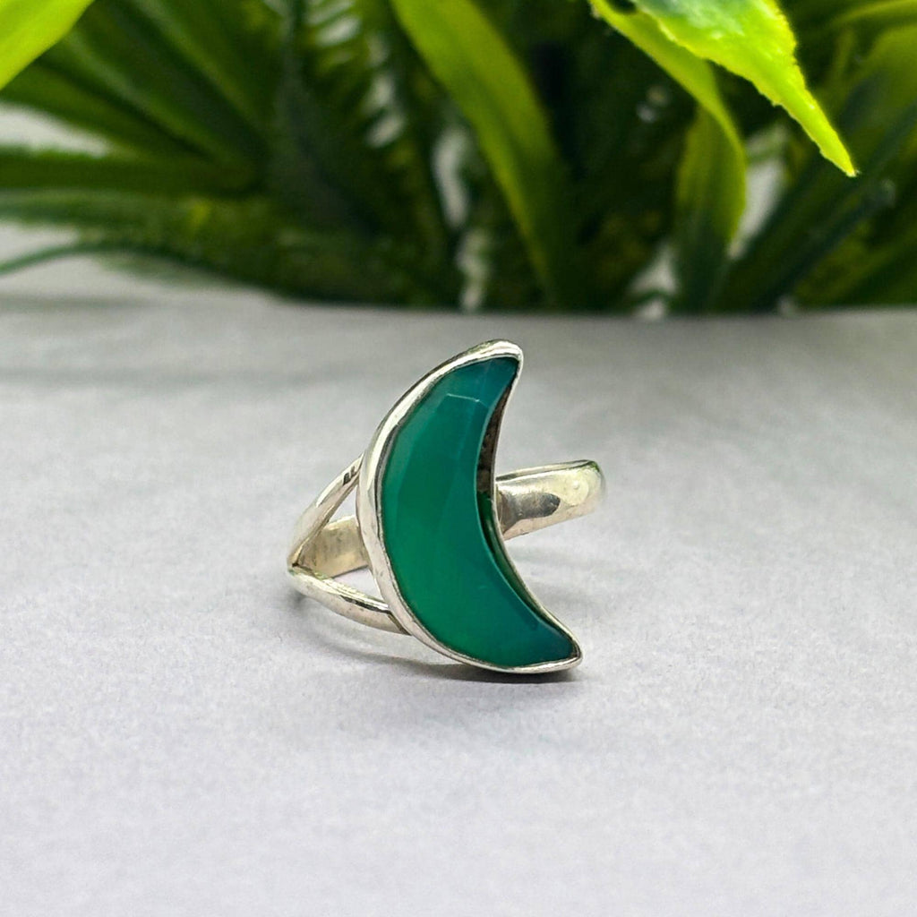 Green Onyx Moon Ring: Sterling Silver Crescent Boho Jewelry