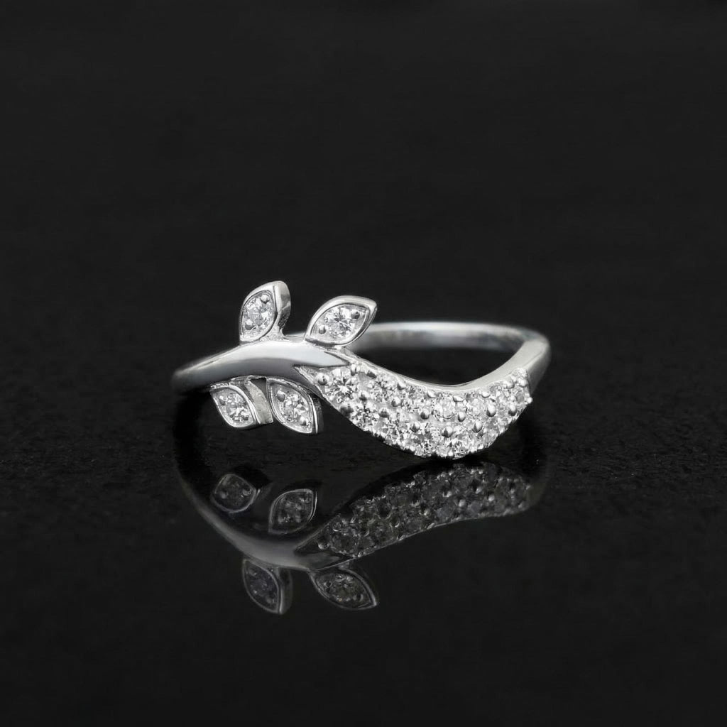 Sterling Silver CZ Leaf Branch Ring, Pavé Nature Vine Band, Botanical Stacking Jewelry