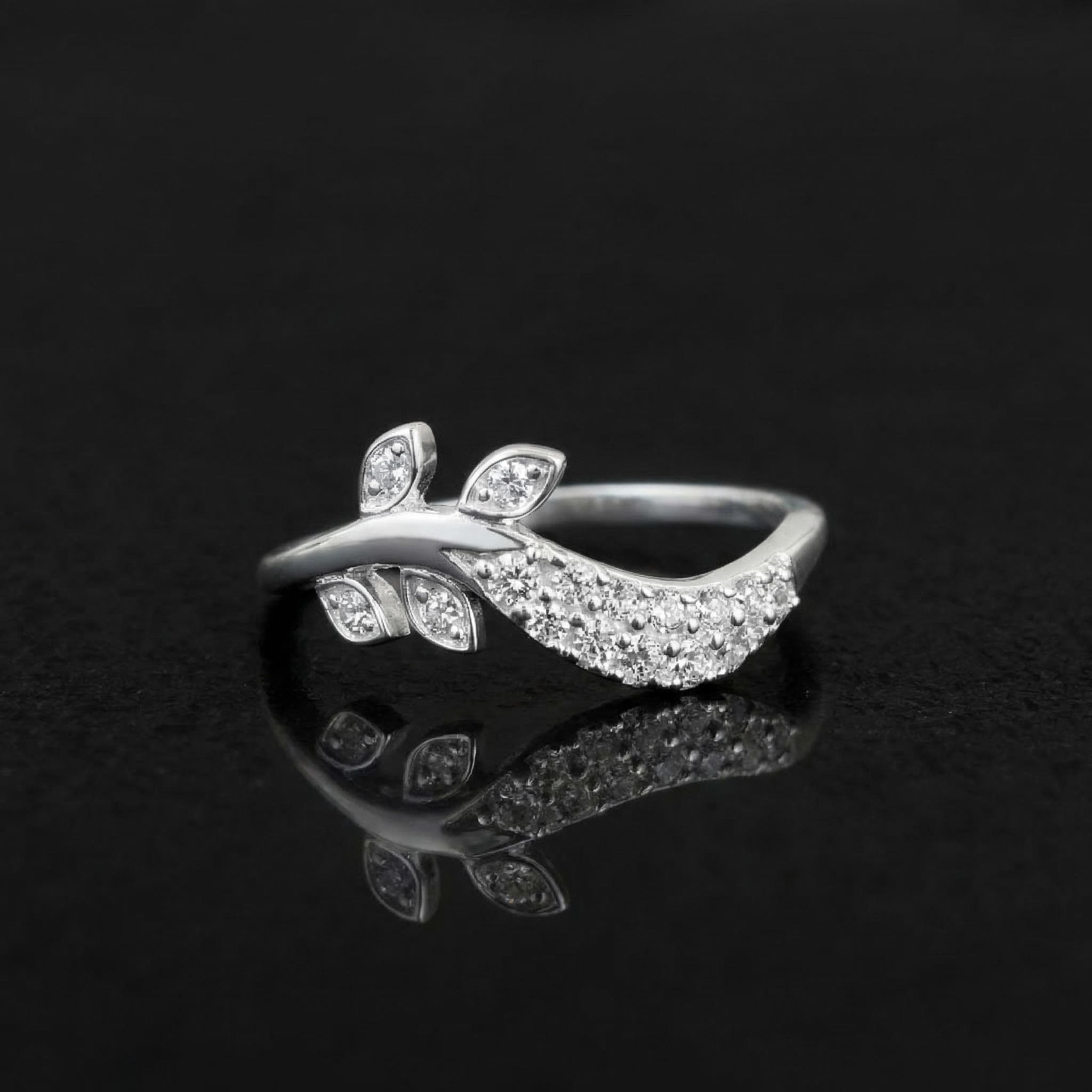 Sterling Silver CZ Leaf Branch Ring, Pavé Nature Vine Band, Botanical Stacking Jewelry