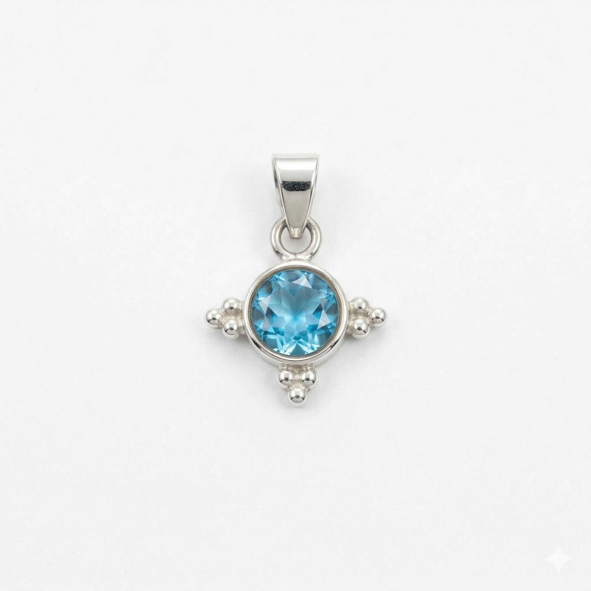 Sterling Silver Blue Topaz Starburst Pendant – Minimalist Sky Blue Gemstone Necklace