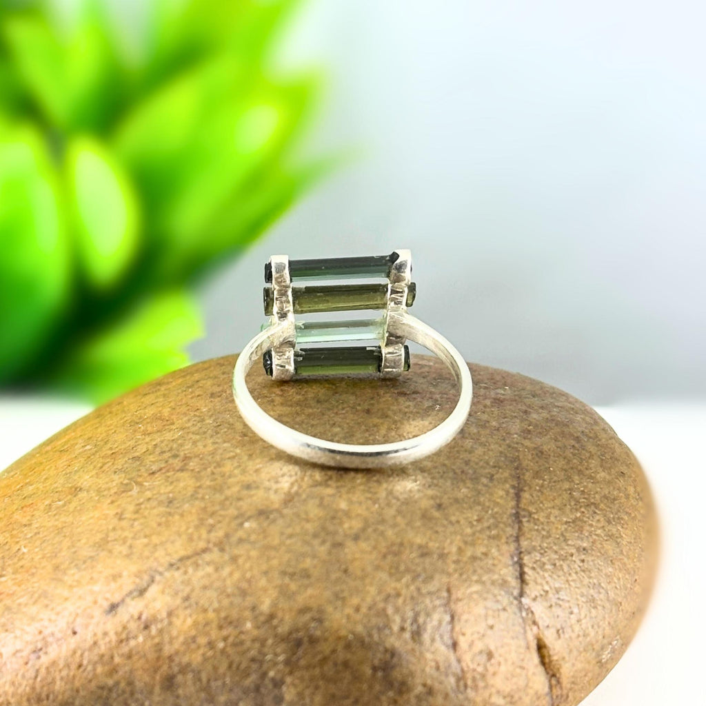 Raw Green Tourmaline Bar Ring: Sterling Silver October Birthstone