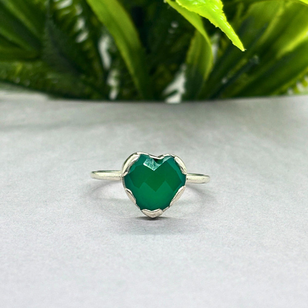 Green Onyx Heart Ring: 925 Sterling Silver, Dainty Boho Jewelry