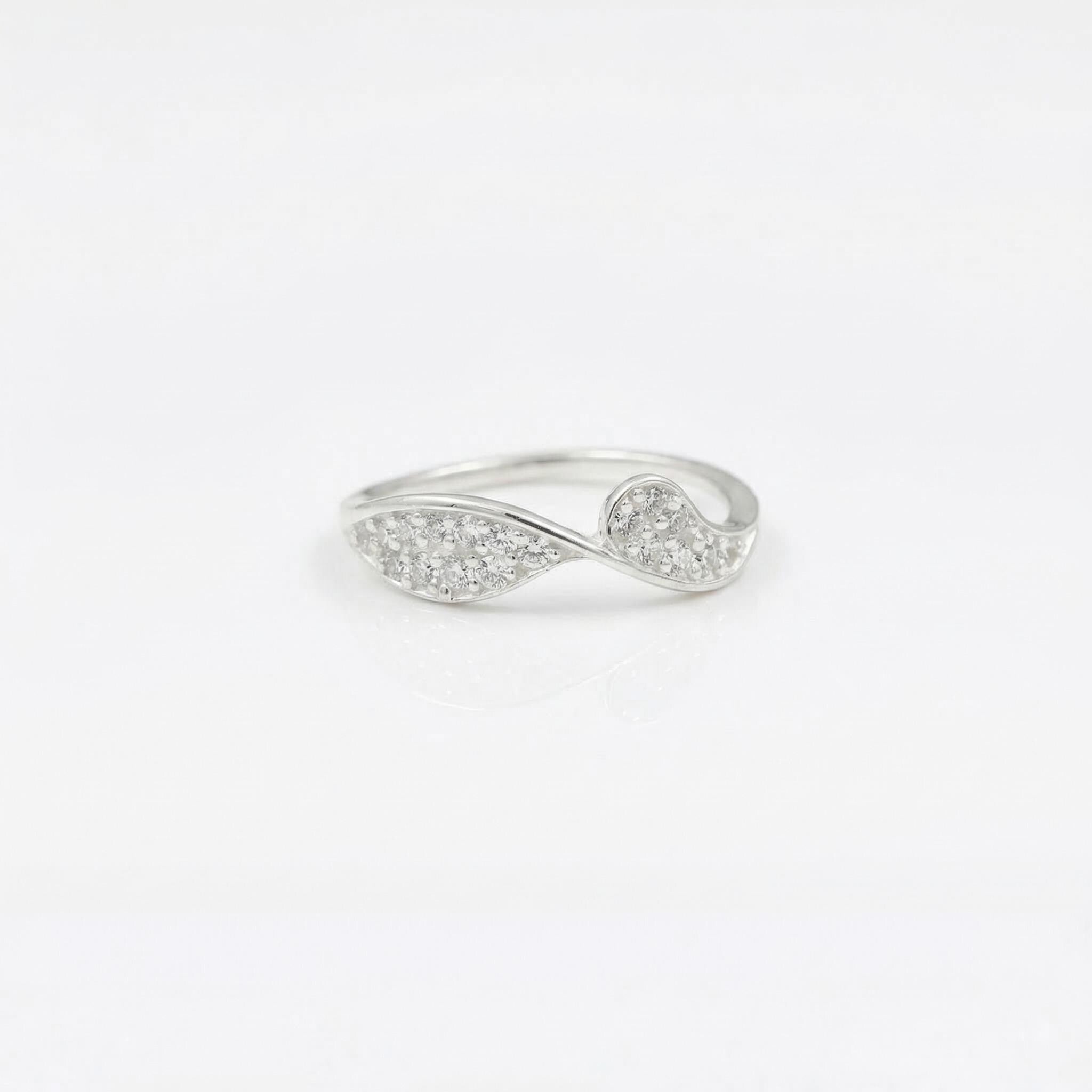Sterling Silver CZ Wave Ring, Dual Pavé Crescent Open Band, Boho Stacker Jewelry