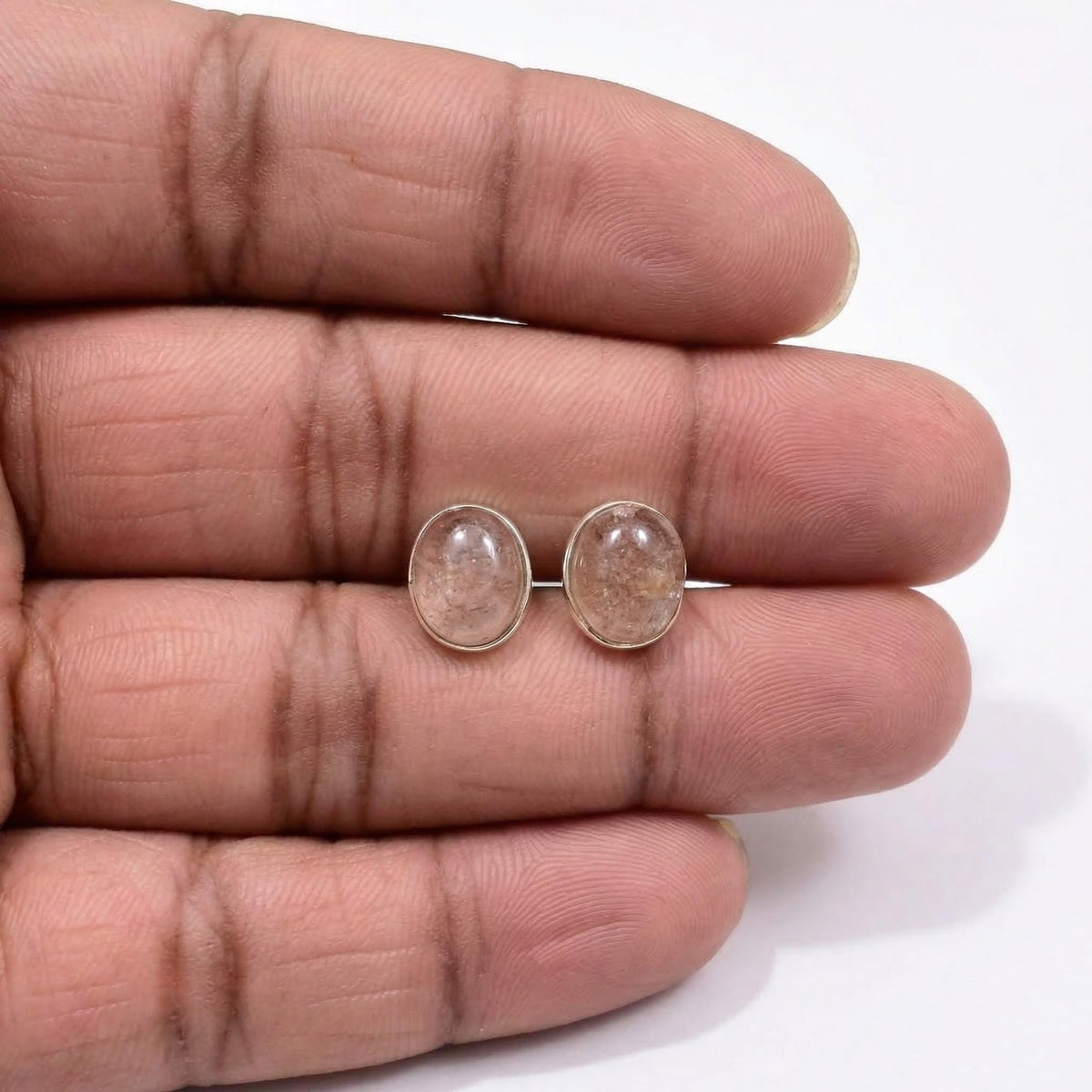 Oval Sunstone Stud Earrings 925 Sterling Silver - Natural Shimmering Peach Cabochons