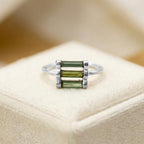Raw Green Tourmaline Bar Ring: Sterling Silver Stacking Gemstone
