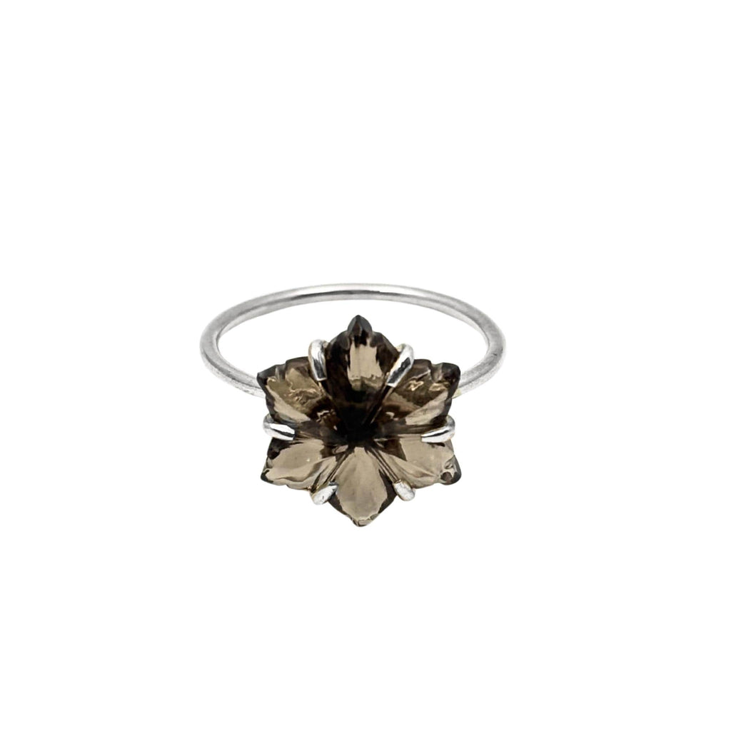 Smoky Quartz Flower Ring: 925 Sterling Silver, Hand-Carved Floral Jewelry
