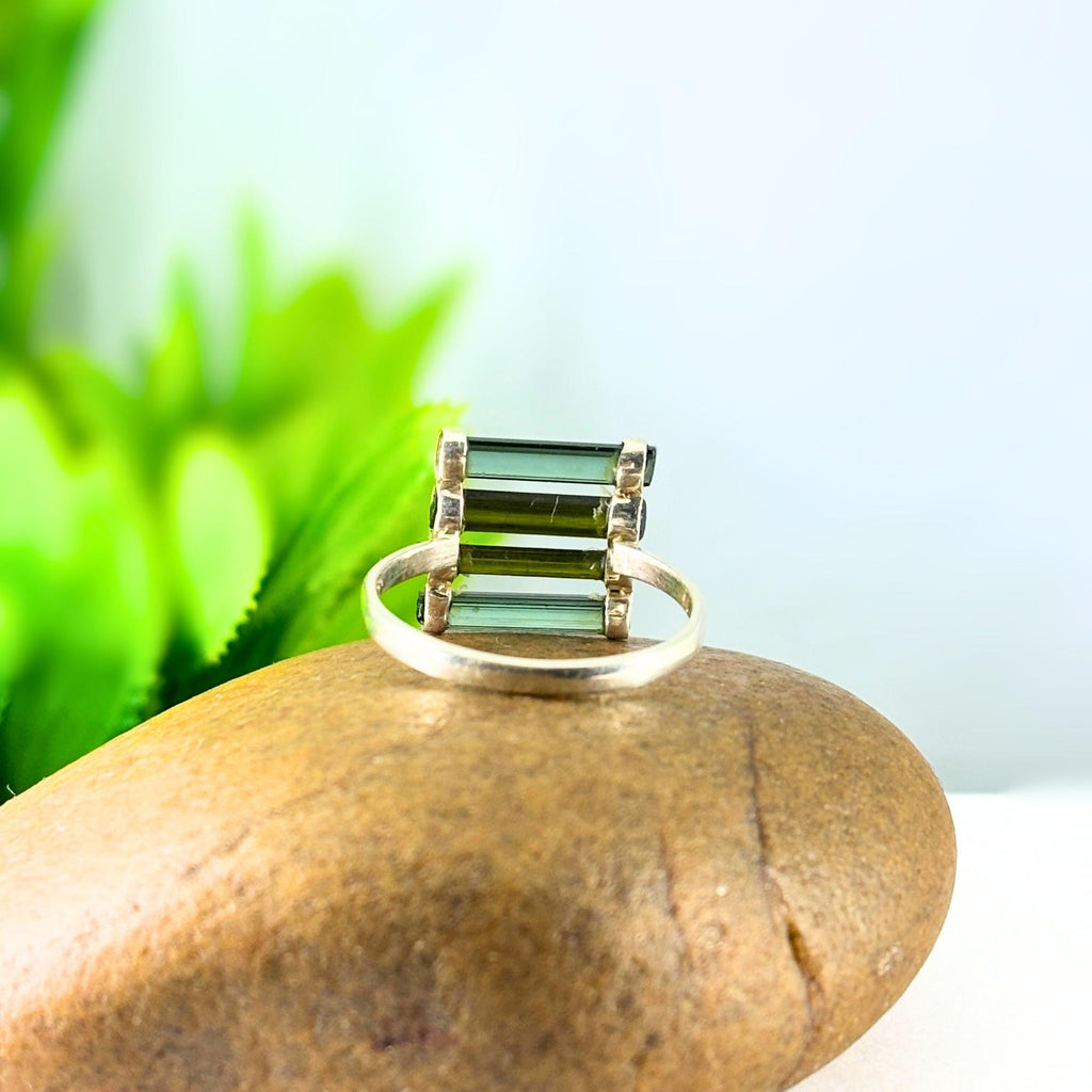 Raw Green Tourmaline Bar Ring: Sterling Silver October Birthstone
