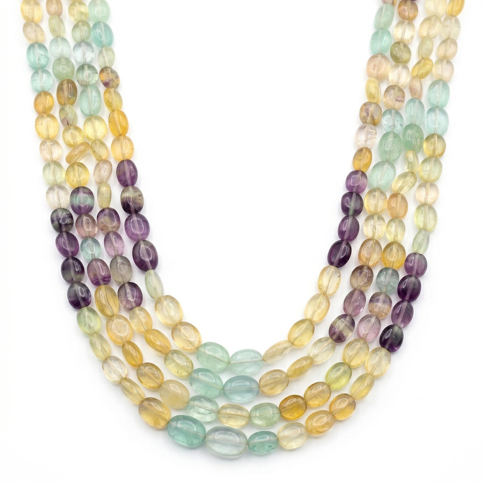 Multi-Color Oval Fluorite Gemstone Necklace, 4-Strand Beaded Jewelry