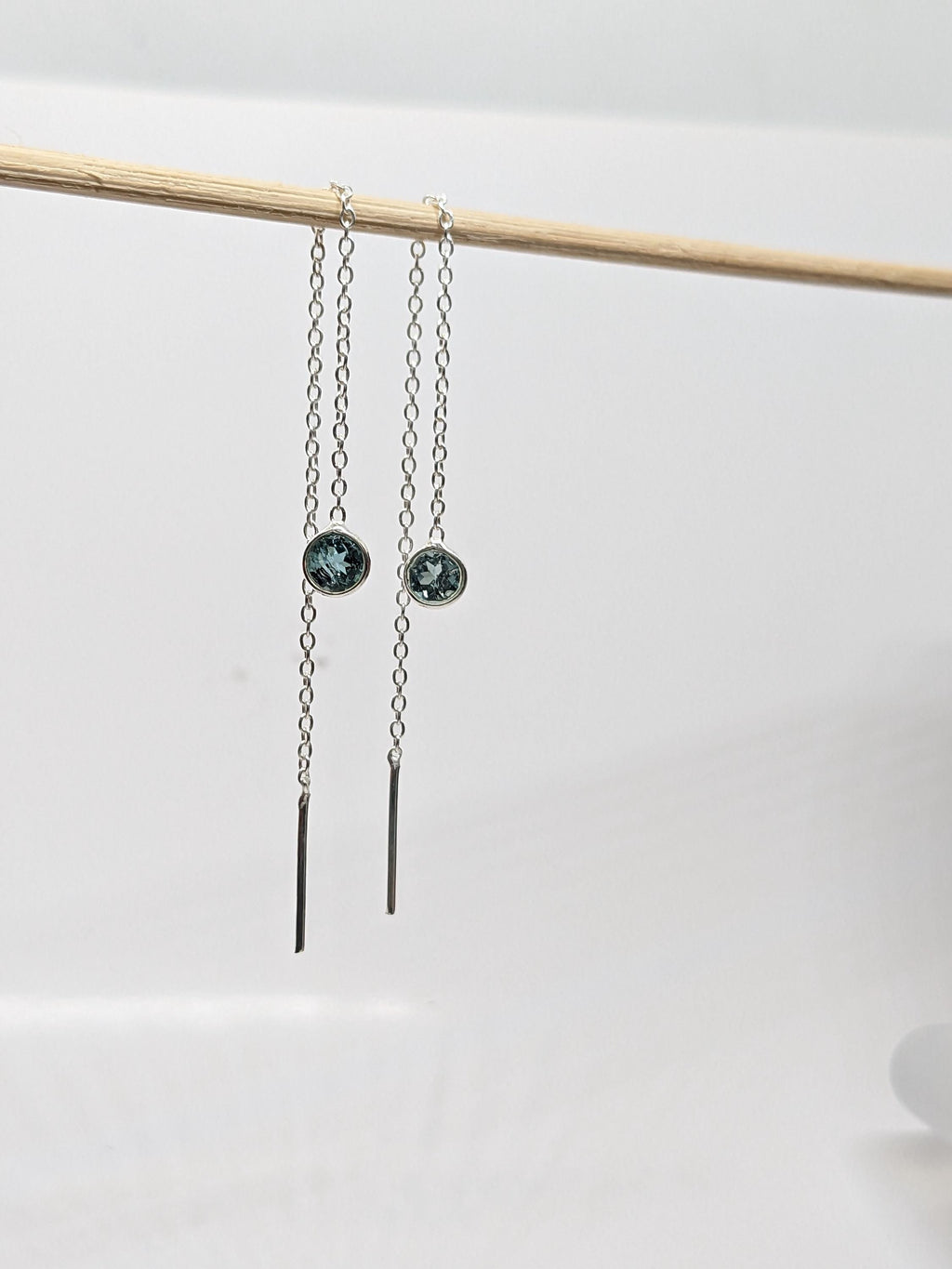 Blue Tourmaline Threader Earrings | 925 Sterling Silver Dainty Chain Drop