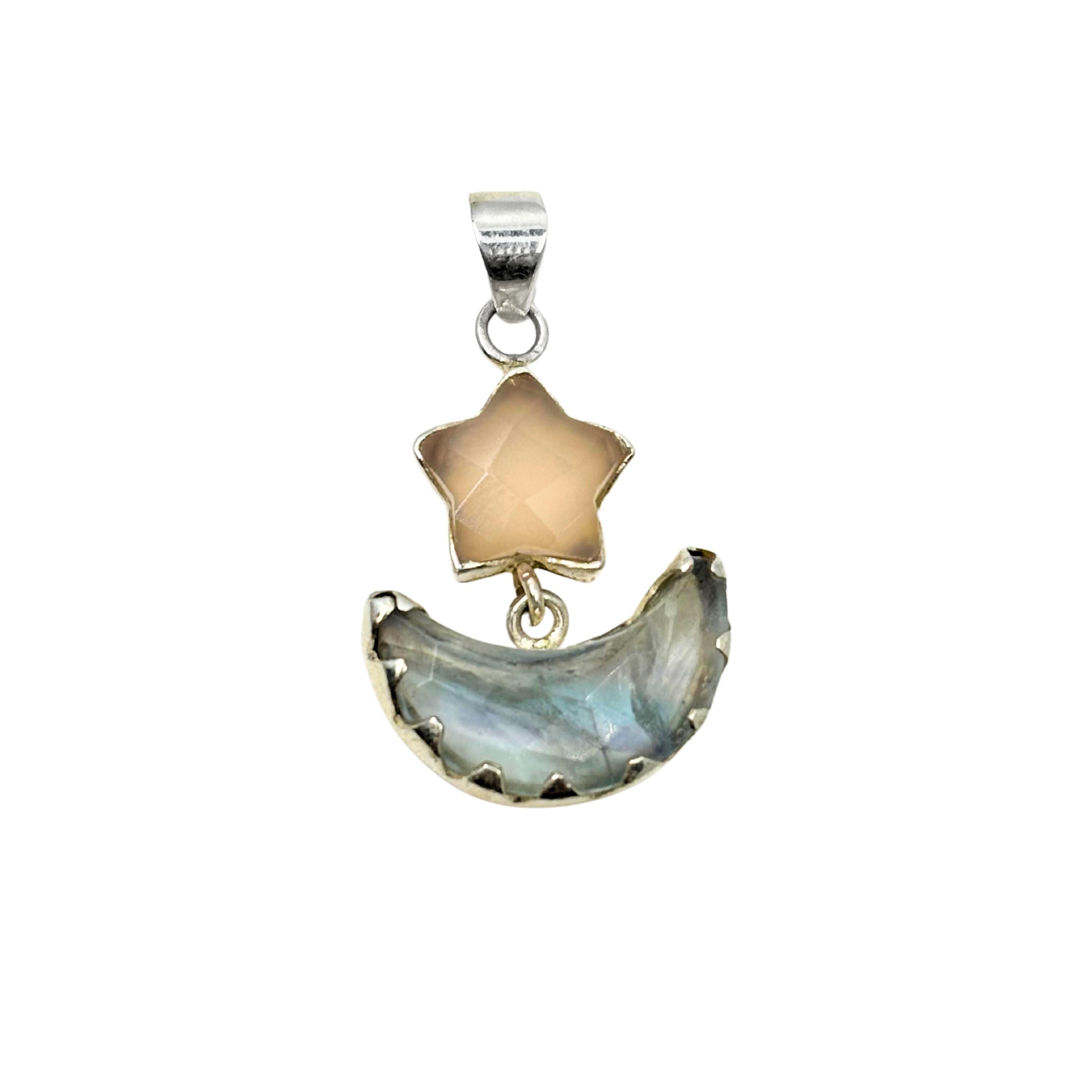 Rose Quartz Star and Fluorite Moon Pendant in 925 Sterling Silver – Celestial Gemstone Necklace, Boho Moon and Star Jewelry Gift for Her